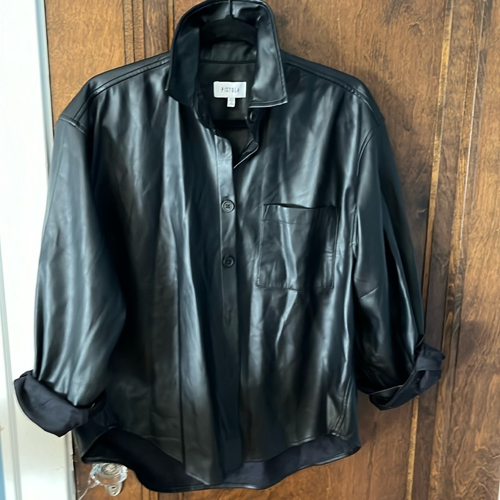 Pistola faux leather black button down shirt. Size x-small.